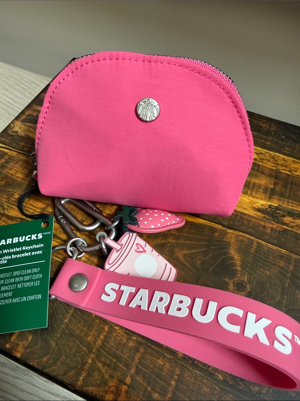 Starbucks Pink Drink Hot Pink Coin Pouch Key Chain Wristlet Strawberry NWT